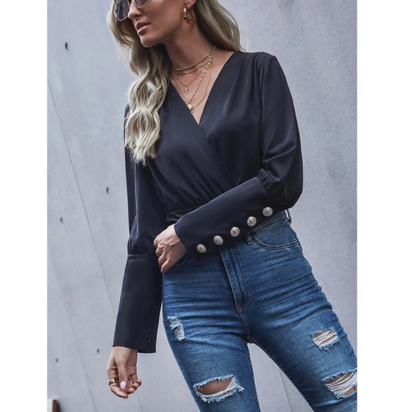 Black Elegant V neck Bodysuit Surplice Decolleté Long Sleeves - Picture 5 of 7